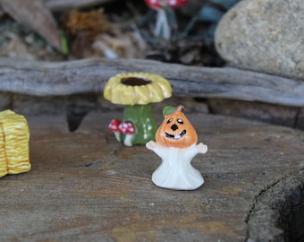 Pumpkin Ghost terrarium miniature glazed ceramic  1.5 Inches tall fairy garden halloween decorations