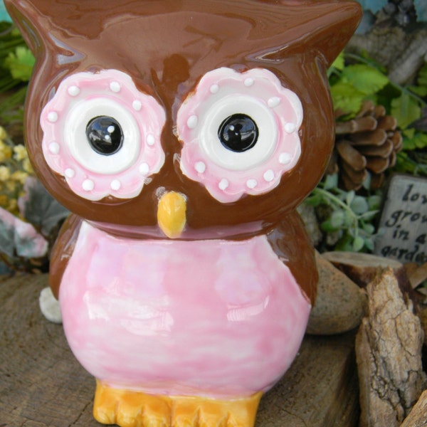 Ceramic OWL Bank Brown and Pink  Retro Modern Ceramic Owl Bank   Vintage Design   - Ready to ship items in my shop