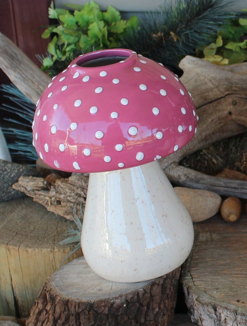 Ceramic Mushroom Planters 1 Pink Succulent Kitchen Window pots Poison only if ...eaten fly agaric Amanita muscaria, image 1