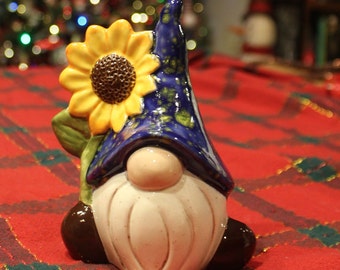 Garden Gnome  Traveling Sized  gnome selfie  Sunflower gnome  -ceramic glazed gnome