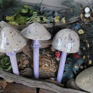 3 Ceramic  Mushroom Stakes  Fabulous crystal purple  Mushroom   Glazed Pottery Garden Statues OOAK