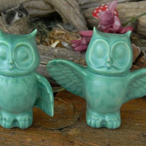 May include: Two green ceramic owl figurines. One owl is standing with its wings out, while the other owl is standing with its wings tucked in. Both owls have a glazed finish.