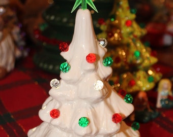 Ceramic Christmas Tree 7"  Vintage  style  desk top - nursing home  lights  Battery LED lighted w/ timer