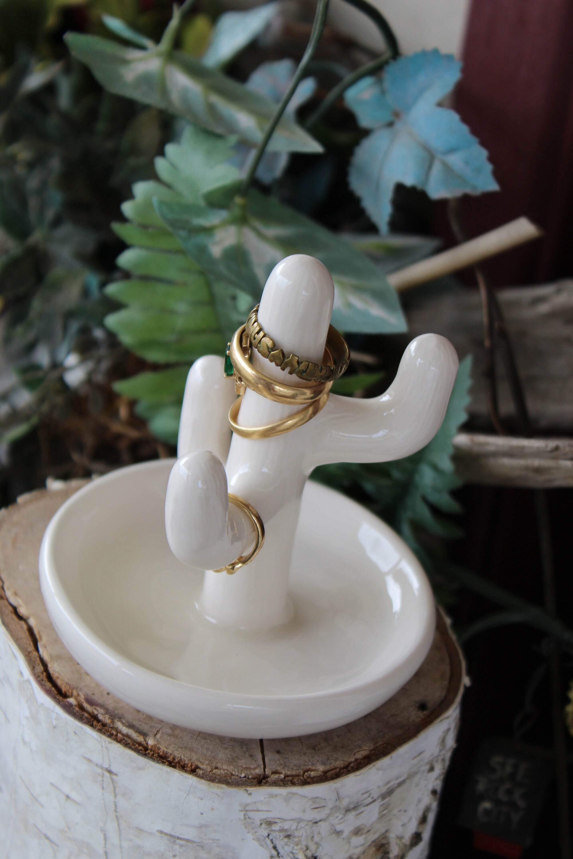 Gold-Tone Standing Cactus Ceramic Ring Holder - Expressions Jewelers