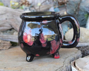 Black red Glazed Cauldron Mug - Altar, Potions, Wiccan, Wicca, Pagan, Witchcraft Ceramic Hand painted  Coffee Tea or Drink Cup