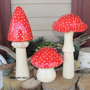 Garden Ceramic MUSHROOM Statue Large RED AMANITA fly Fairy Garden Toadstool  Gnomes red  Poison  pottery