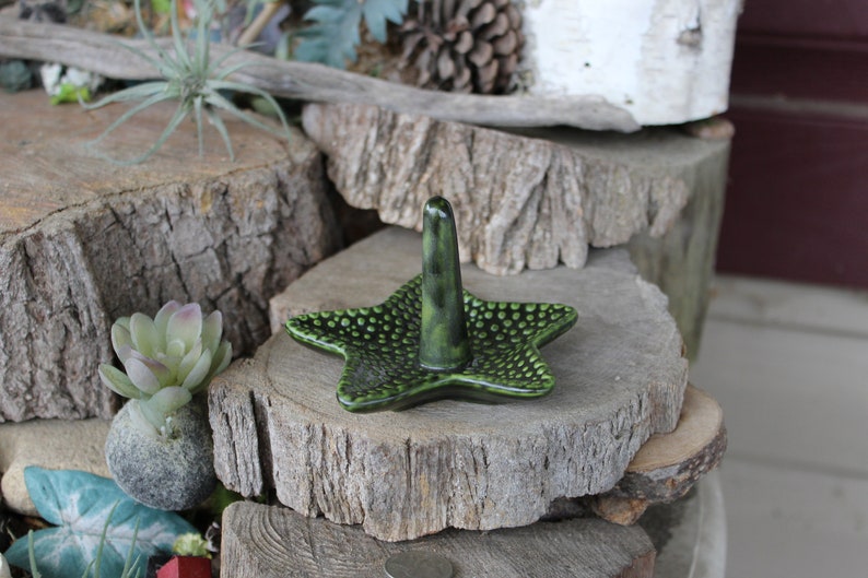 Starfish Ring Dish Jewelry holder ceramic Ring bearer pottery green wedding Beach Ocean Life Decor handmade pottery gifts under 15