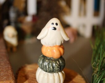 Fall  Pumpkin stack with Ghost   orange, green, white   pumpkin gourd ceramic miniature Fairy Garden decor terrarium doll house  PM