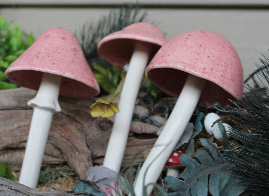 3 MUSHROOM Garden STAKES /Ceramic Shroomz Toadstools crystal Etsy