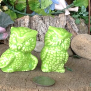May include: Two green ceramic owl figurines with a textured surface. The owls are sitting on a wooden surface.