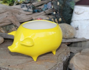 Pig Vase Planter in Bright  Sunshine Yellow  Ceramic Glazed from a Vintage fruit mold design