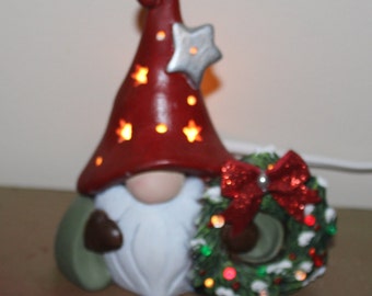 Christmas  gnome w  Lighted wreath , gnome, handcrafted gnome, Winter   ceramic gnome w snow