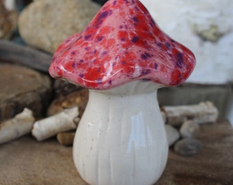 Garden Ceramic MUSHROOM Statue  Fairy Garden Toadstool  Gnomes  crystal PINK Poison only if eaten. pottery.. ready to ship  zm