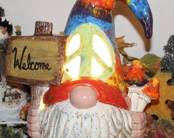 Gnome Big Nosed Gnome with a  peace sigh in hat  - welcome sign in hand painted Yard outdoor Lighted Night light