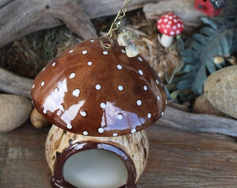 Ceramic Mushroom Crystal  green   Toadstool Hanging Ceramic Bird Feeder Mushroom House - Unique  Gnome, Fairy Garden or hamster home