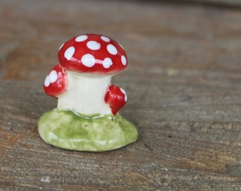 Tiny Mushrooms  - Ceramic Miniature  Mushroom cluster  RED   Ceramic  glazed statue terrarium decor