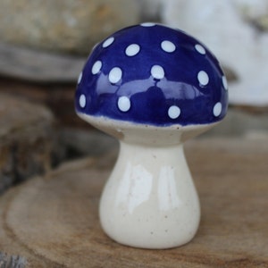 Ceramic MUSHROOM Statue  Fairy or gnome  Garden Blue   glazed  button top  Poison only if ..eaten.  pottery ... ready to ship  zm