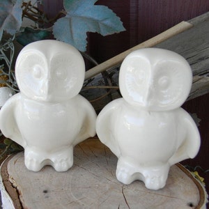 May include: Two white ceramic owl figurines with a glossy finish. The owls are standing upright with their wings outstretched.