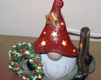 Christmas  gnome w  Lighted wreath , gnome, handcrafted gnome, Winter   ceramic gnome w snow