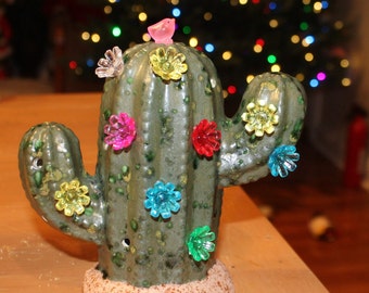 Lighted Cactus Ceramic Cactus Green  Crystal  Christmas Tree  Ceramic Saguaro  Lamp  Light cacti   Southwest Desert Vintage inspired