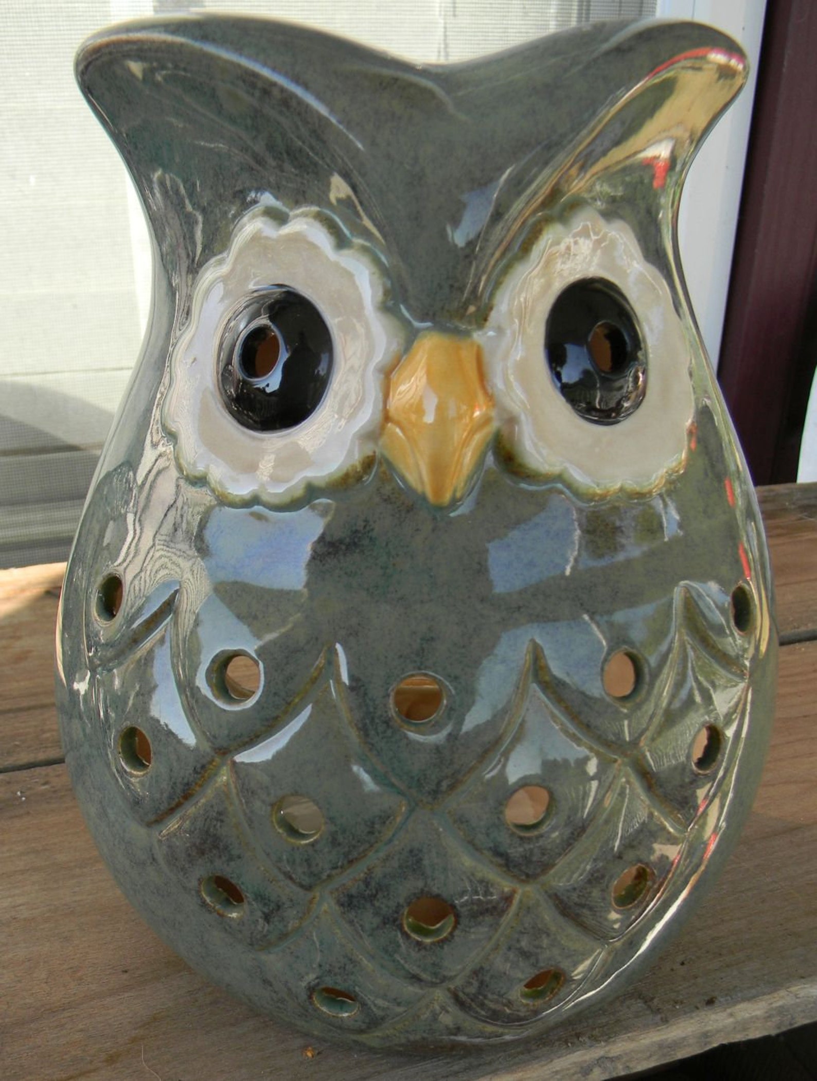 Ceramic Owl Lantern Candle Holder pottery blue green Etsy