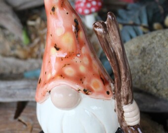 Garden Gnome  Traveling Sized  gnome selfie  walking stick  gnome  -ceramic glazed gnome