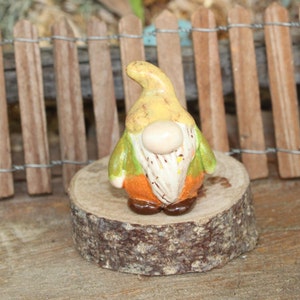 May include: A small ceramic gnome figurine with a yellow hat, green and orange clothing, and a white beard. The gnome is standing on a wooden log slice.