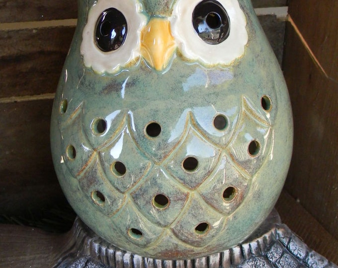 Ceramic Owl Lantern Candle Holder Pottery Blue Green Etsy
