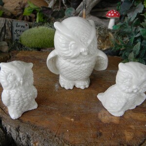 May include: Three white ceramic owl figurines. The owls are all different sizes and have detailed features. The largest owl is standing upright with its wings spread out. The two smaller owls are sitting down. The owls are all facing forward.