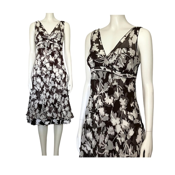 Vintage Y2K 100% Silk Ann Taylor Brown White Floral Midi Dress S/M Size 8 V Neck Fairy Retro