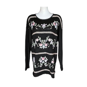 Vintage 90s Cottagecore Floral Embroidered Oversized Sweater. Large. Grandmacore, 80s, Retro, Feminine, Grandma, Beaded