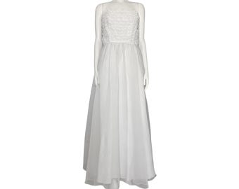 Vestido de novia vintage de los años 70 y 80, blanco, de encaje y tul, corte A. Talla XS (6). Formal, estilo cottagecore, cintura de 63,5 cm (25").