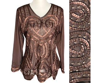 Top a maniche lunghe semitrasparente con perline e decorazioni in stile Fairycore Boho anni 2000. Taglia L. Whimsigoth, Top da sera, Sexy