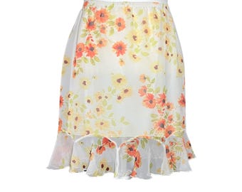 Vintage jaren 90 Y2K witoranje gebloemde minirok met ruches. L/XL. Fairycore Coquette