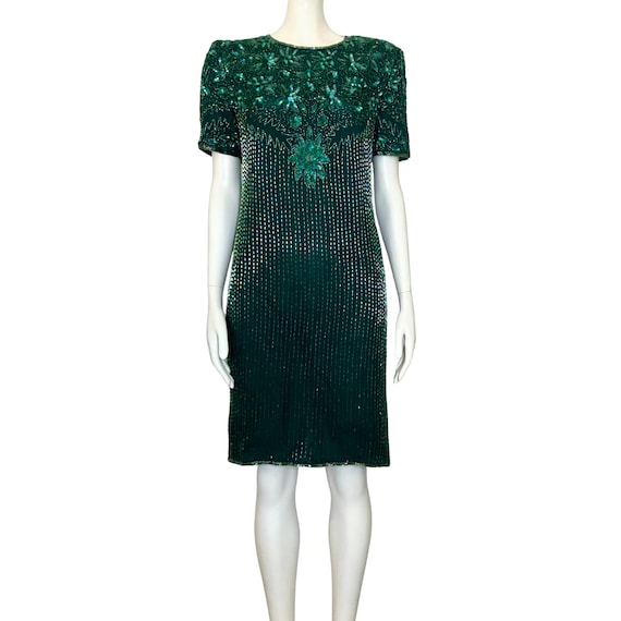 emerald green vintage cocktail dress 80s 90s 100% Silk Beaded Papell Dress. XS/S 4. Art Deco Flapper Holiday Wedding Guest New Year's Eve leg slit high slit