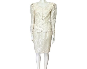 Conjunto de falda y traje de novia vintage de los años 80 de Scott McClintock, color marfil y encaje. Talla XS (4). Para novias.