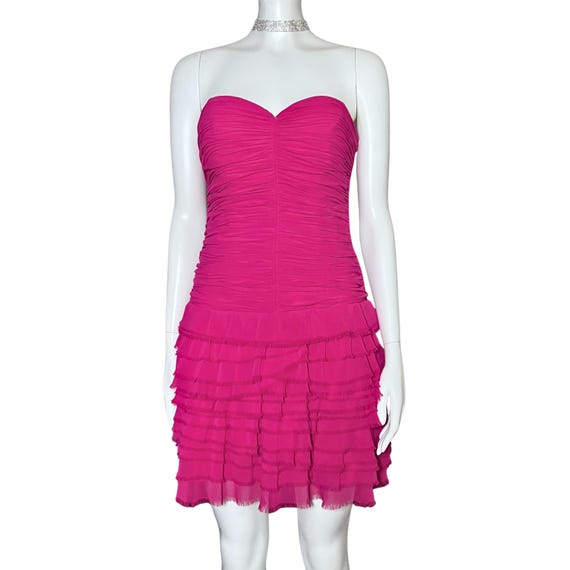Vintage Y2k Hot Pink Hoco Cocktail Dress. Small. Ruched Fairy Ruffle Party Strapless Carrie Bradshaw Barbiecore Homecoming Wedding Guest