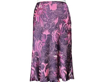 Vintage 90s Y2K Purple Floral 100% Silk Midi Skirt. XS. Cottagecore Bohemian, Fairy, Whimsigoth