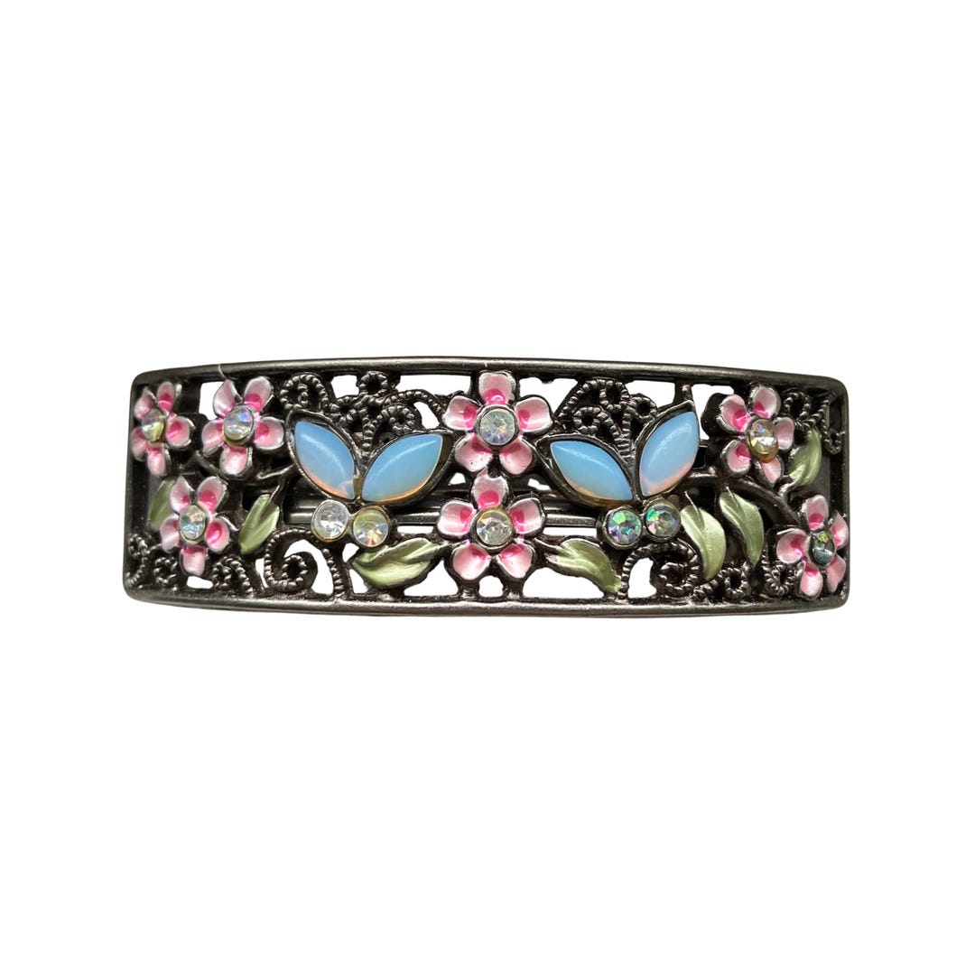 Vintage Silver Filigree Butterfly Barrette Pastel Rhinestone Floral ...