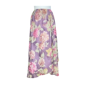 Vintage 90s Purple Floral Cottagecore Fairy Chiffon Ruffle Midi Skirt. Medium. Fairycore, Pastel, Flowers, Multicolor, Tea Length