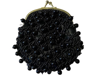 Vintage 60s Black Beaded Coin Purse Handmade Hong Kong Evening Bag Retro Mod MCM