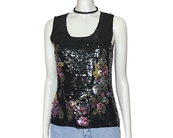 Vintage Y2K Black Multicolor Sequin Going Out Top S/M Whimsigoth Fairy Grunge Goth Tank Gothic Glam Fairycore Rave Festival
