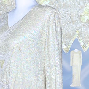 Vintage 100% Silk Ivory 70s 80s Fully Beaded Sequin Long Sleeve Dress Wedding