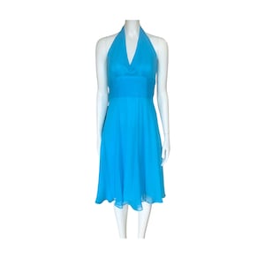 Vintage Y2K 100% Silk Blue Fairy Halter Cocktail Dress. XS/S. Hoco Midi Retro Homecoming Party Wedding Guest Fairycore Low Back