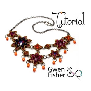 May include: A beaded necklace with a silver chain and multiple star-shaped pendants. The stars are made of small beads in shades of purple, red, and gold. The necklace has orange bead accents.