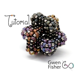 May include: A star-shaped beaded object in shades of purple, brown, and grey, with silver accents. The word "Tutorial" is written in a whimsical font. The designer's name, Gwen Fisher, is also displayed. The object is made of small beads.