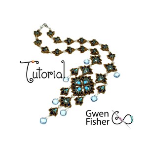 May include: A beaded necklace with a turquoise and gold color scheme. The necklace features a large, intricate pendant with a geometric design. The pendant is surrounded by smaller, dangling beads. The necklace is labeled "Tutorial" and "Gwen Fisher".