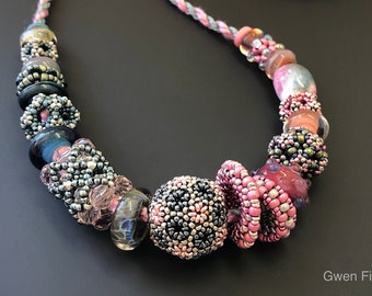 Pink Blue Silver Beaded Bead Necklace with Infinity Beads, Nuts and Washers. Lampwork Glass