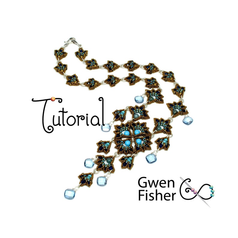 May include: A beaded necklace with a turquoise and gold color scheme. The necklace features a large, intricate pendant with a geometric design. The pendant is surrounded by smaller, dangling beads. The necklace is labeled "Tutorial" and "Gwen Fisher".