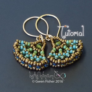 May include: A pair of gold hoop earrings with a beaded fan design. The beads are in shades of brown, green, and blue. The earrings are labeled "Tutorial".